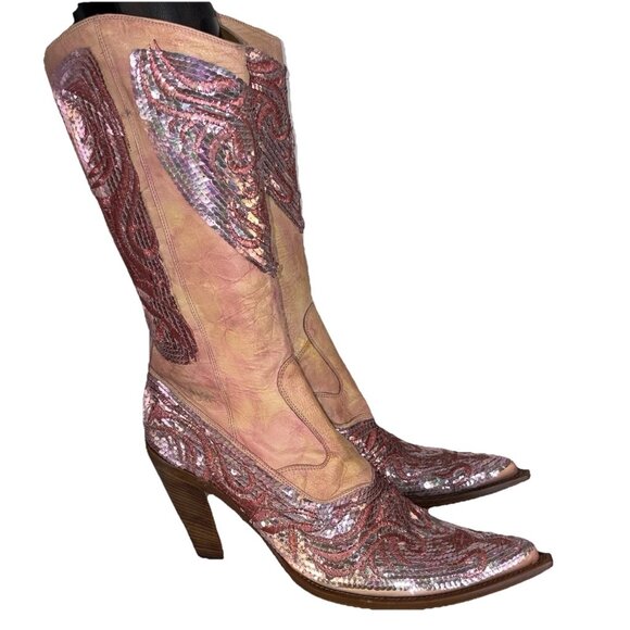 Damy Western Cowboy BootsItaly Haute Couture Sequinned Leather EU 40 US 9 9.5